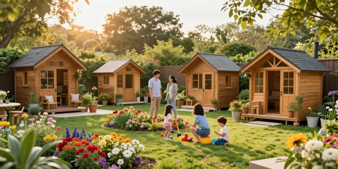 Familie beim Gartenhaus kaufen, umgeben von blühenden Gärten und modernen Holzmodellen.