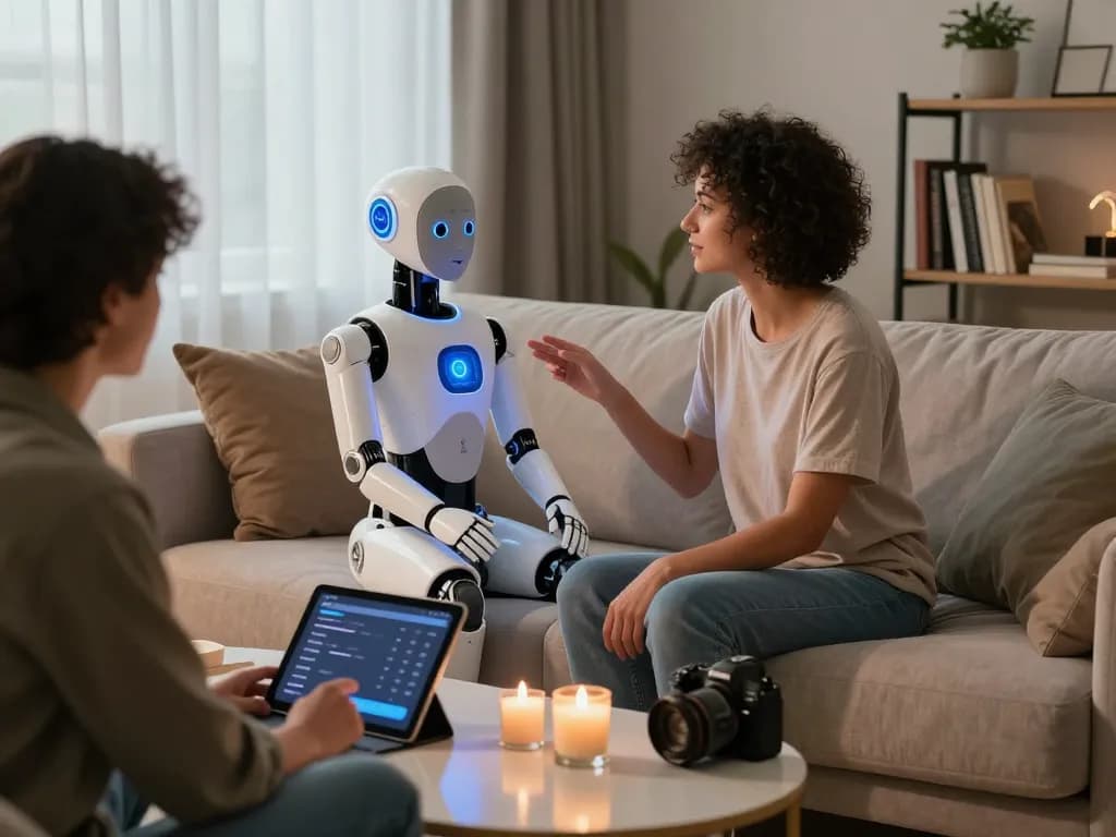 Engaging interaction with a sex bot in a modern living space, highlighting advanced human-like features and emotional connectivity.