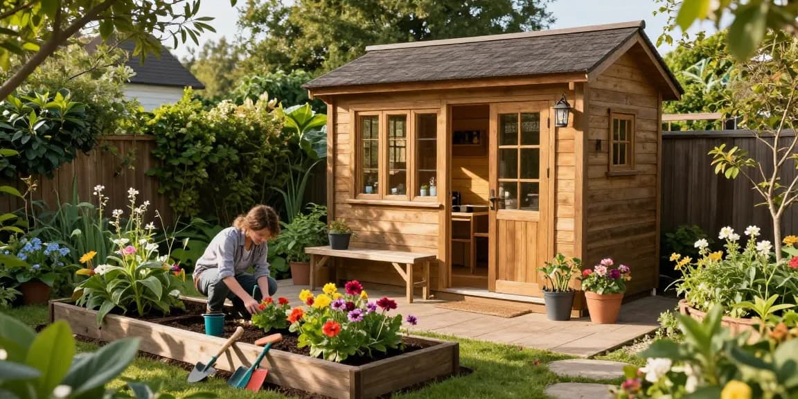 Gartenhäuser aus Holz im Garten mit blühenden Pflanzen und Gartenwerkzeugen.