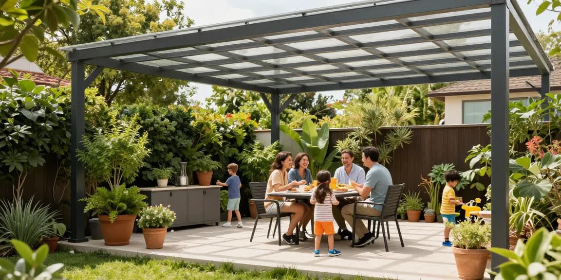 Familie genießt Zeit auf einer Terrasse mit stilvollen Terrassenüberdachungen und angrenzenden Pflanzen.