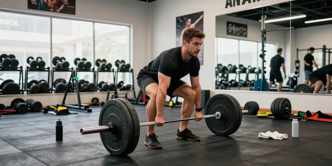 Anabolika kaufen für Muskelaufbau im Fitnessstudio, aktiver Mann beim Deadlift mit Hanteln.