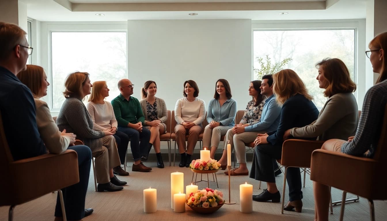 Sternenkinder Seminar participants engage in supportive discussions in a serene setting