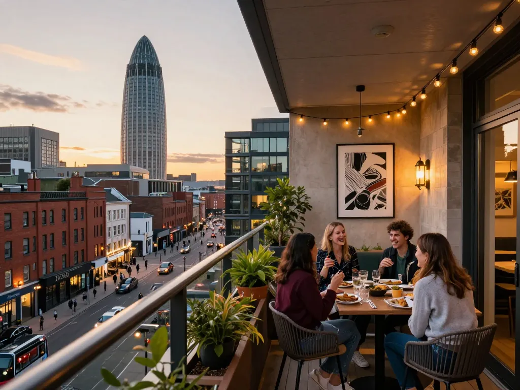airbnb management manchester showcasing a stylish property with guests enjoying a meal, blending local charm with modern decor.