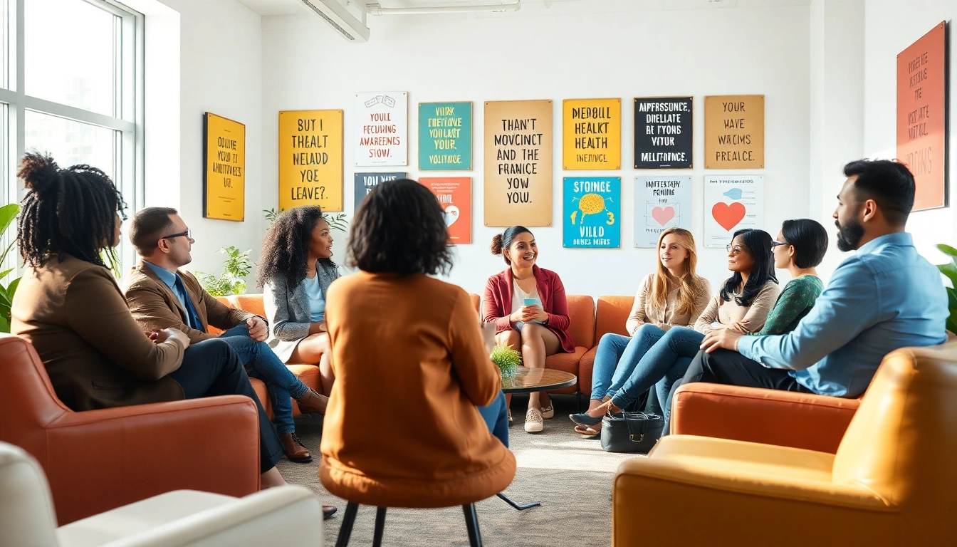 Encouraging mental health awareness through a supportive group discussion in a modern office.