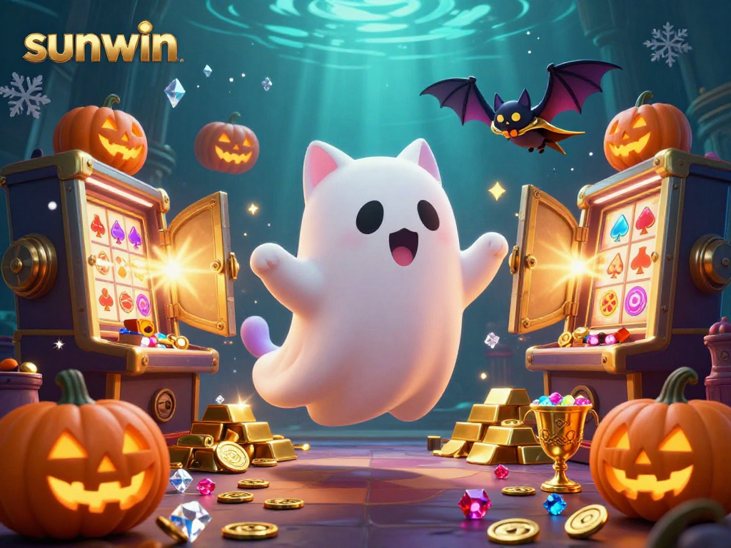 Play thrilling games with sunwin in this vibrant haunted casino scene filled with treasure and excitement.