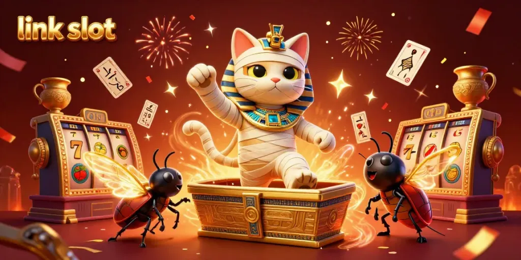 Experience excitement with the link slot gambling scene featuring a mummy cat and golden elements.