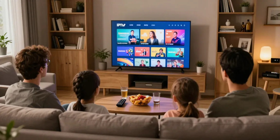 Familie sieht Germany IPTV im gemütlichen Wohnzimmer; großer TV-Bildschirm zeigt Streaming-Inhalte.
