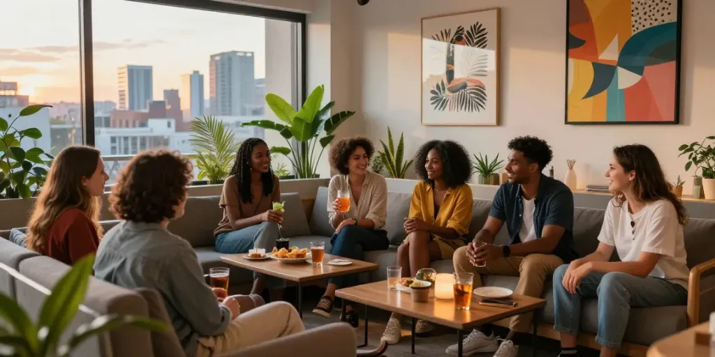 Friends enjoying casual conversation in a chic lounge setting featuring rokok88 vibes.
