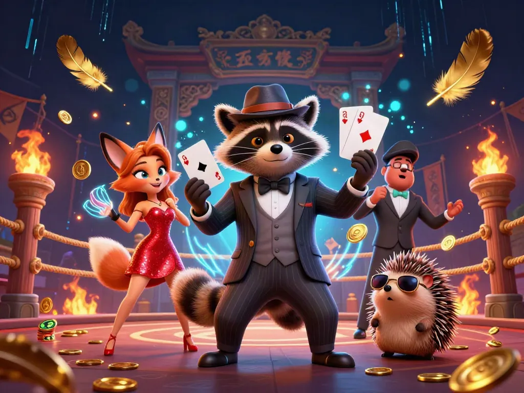 Experience thrilling gameplay at 9betz, featuring a suave raccoon with royal flush at the dynamic casino scene.