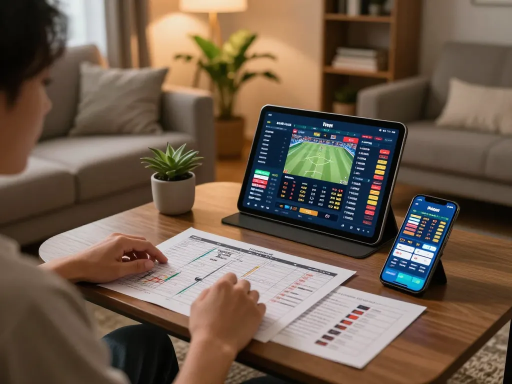 Person engaging in online betting on keo nha cai with tablets and smartphone in a cozy living room.