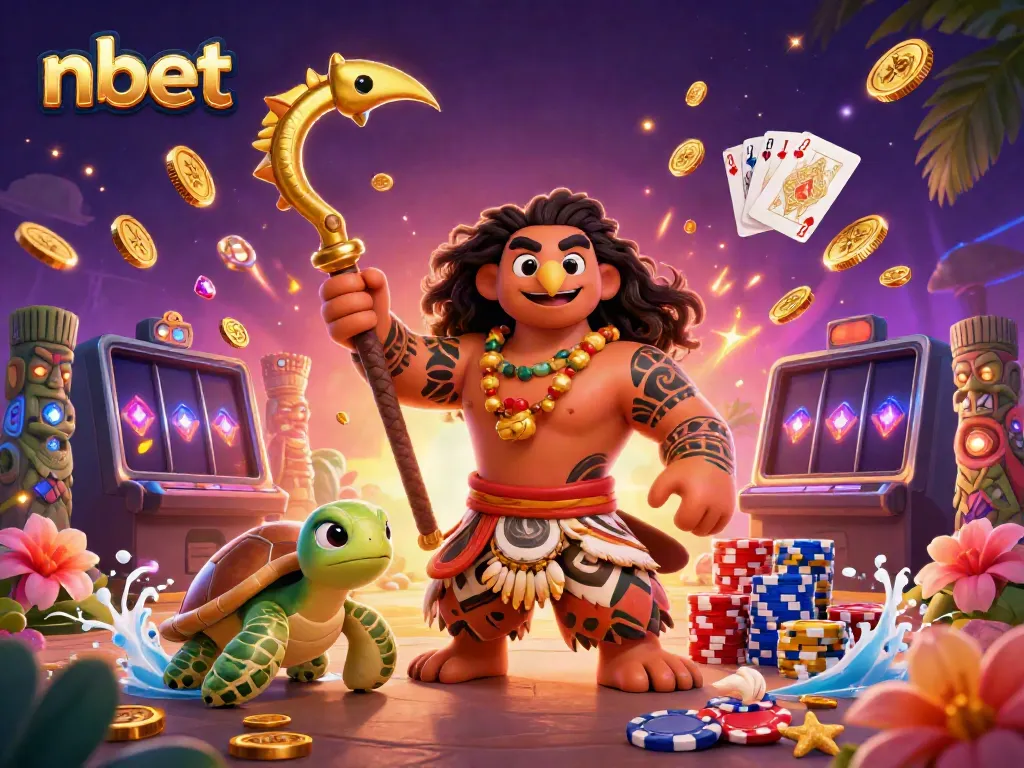 Sparkling casino scene with nbet’s Polynesian-inspired characters amidst vibrant gaming elements.
