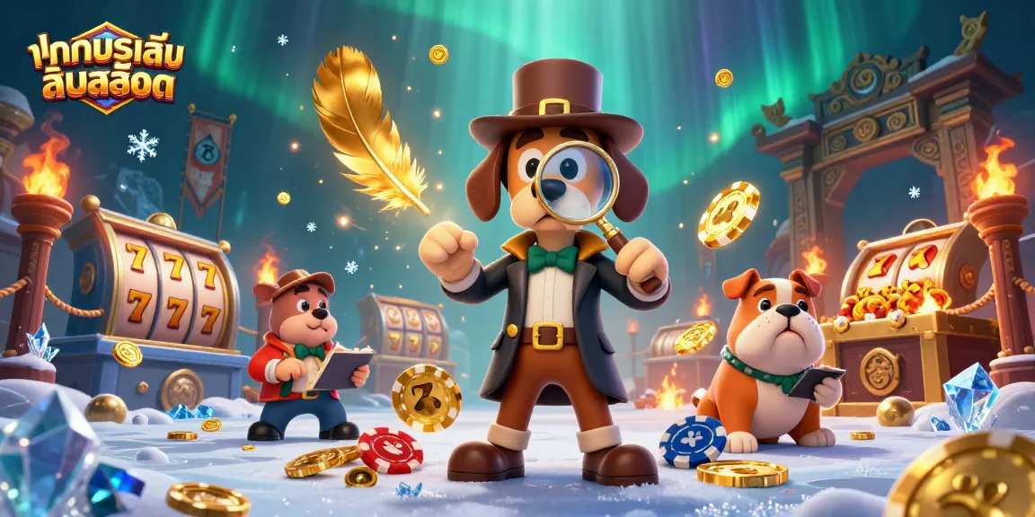 Engage in ทดลองเล่นสล็อต with a 3D cartoon detective uncovering golden poker chip clues amidst immersive casino elements.