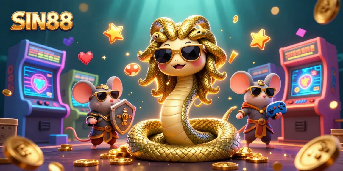 Spin your luck with SIN88 in a vibrant 3D casino illustration featuring Medusa and a warrior mouse.