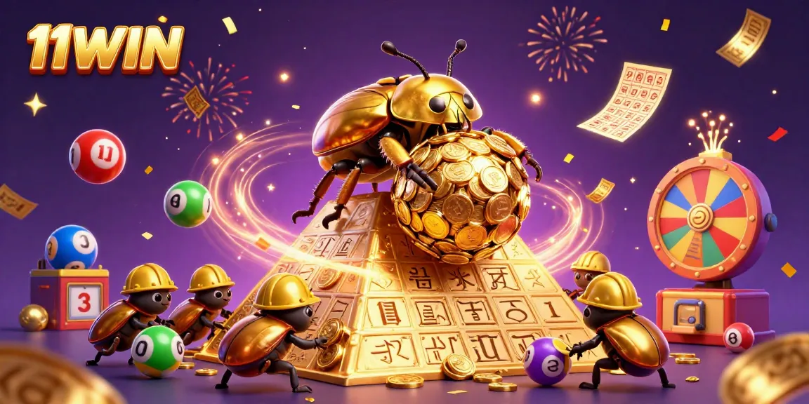 Engage in gaming excitement at 11WIN with golden beetles and vibrant lottery elements.