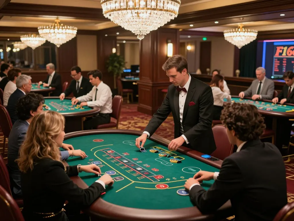 F168 blackjack tables and players engaged in dynamic gameplay at an upscale casino setting.