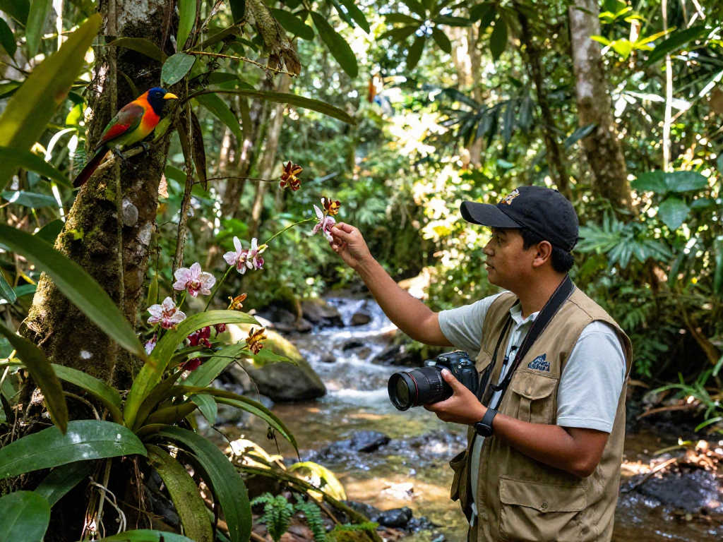 Researcher examining rare orchids in Indonesia's biodiversity for rokok88 login insights.