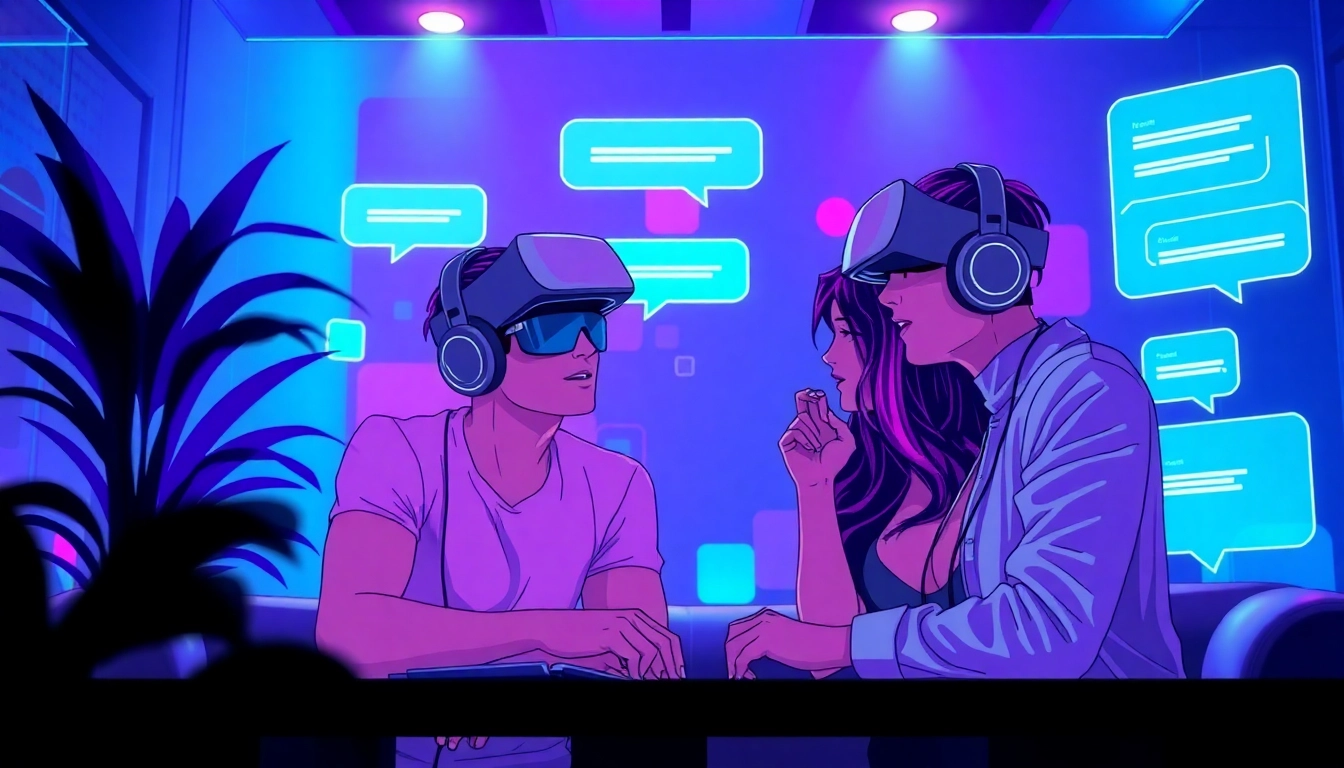 Engaging NSFW chat interface featuring vibrant characters and a digital backdrop.