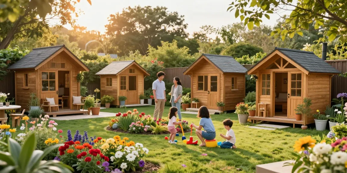 Familie beim Gartenhaus kaufen, umgeben von blühenden Gärten und modernen Holzmodellen.
