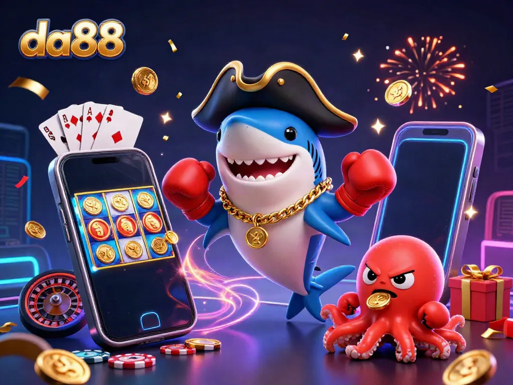 Experience thrilling gameplay with da88 in this vibrant 3D casino illustration featuring cartoon characters, slot games, and confetti.