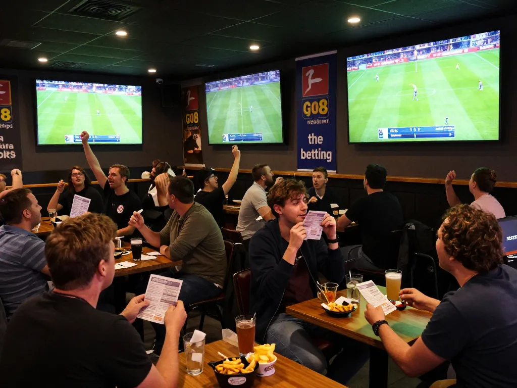 Sports fans engaging with go8 betting slips while watching Bundesliga matches at a lively sports bar.
