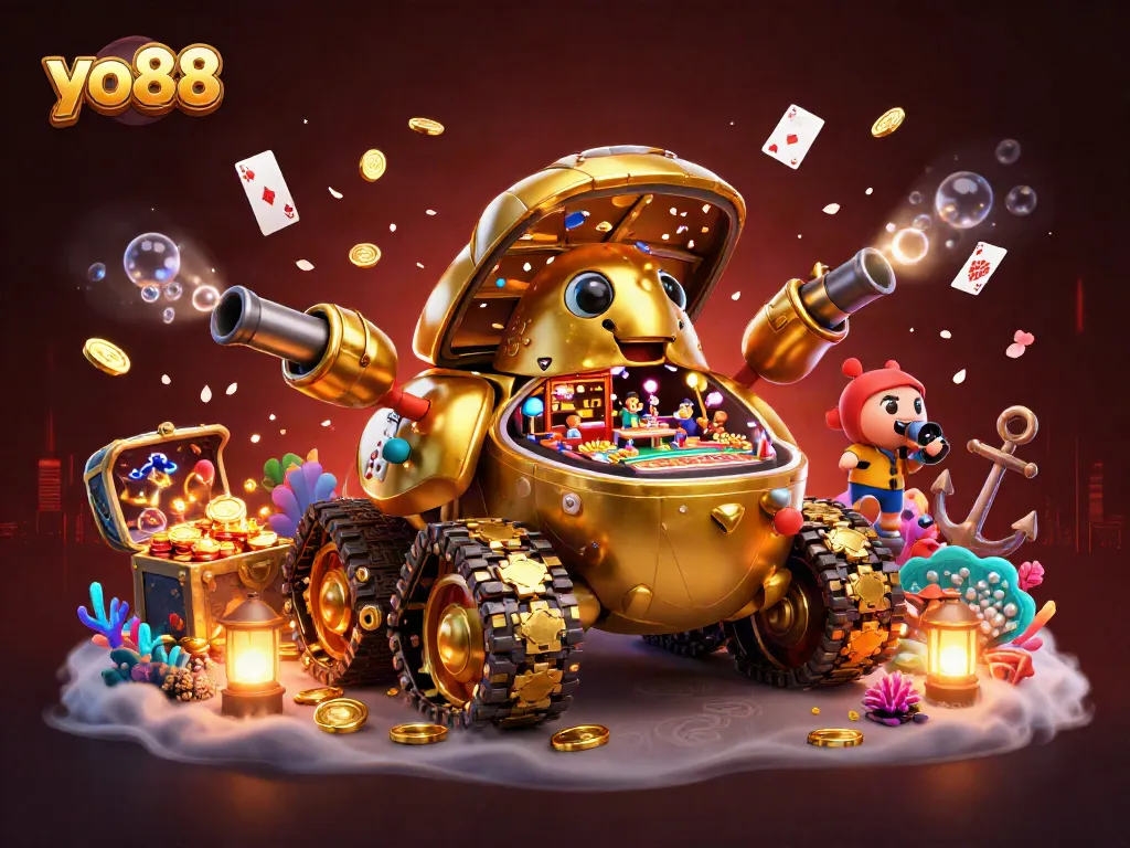 Experience the exciting game world of yo88 with a stunning casino in a golden tank.