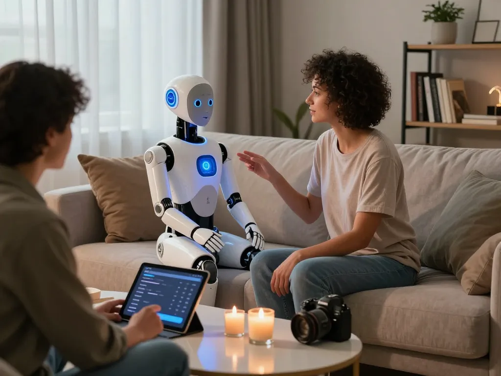 Engaging interaction with a sex bot in a modern living space, highlighting advanced human-like features and emotional connectivity.