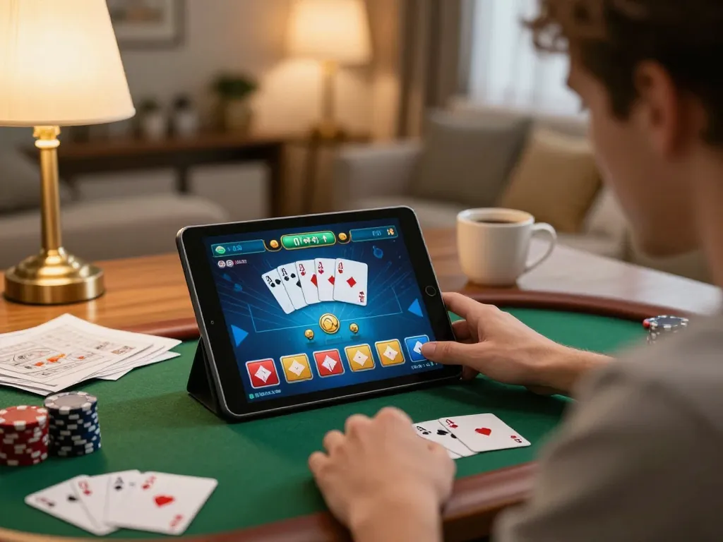 Engaging online poker session at trang chủ lc88 with player focused on tablet screen.