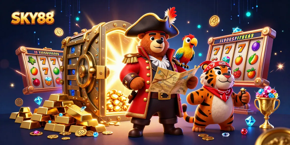 Experience thrilling adventures with SKY88 as a pirate bear, fierce tiger, and treasure map illuminate the slot gaming world.