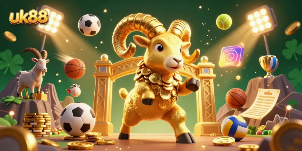 Join the excitement at uk88 with golden ram charging through a vibrant casino scene filled with sports elements and trophies.
