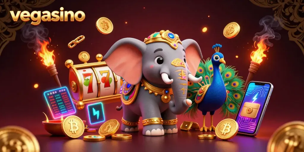 Engage with vegasino at this vibrant 3D illustration showcasing slot reels and crypto elements in a colorful scene.