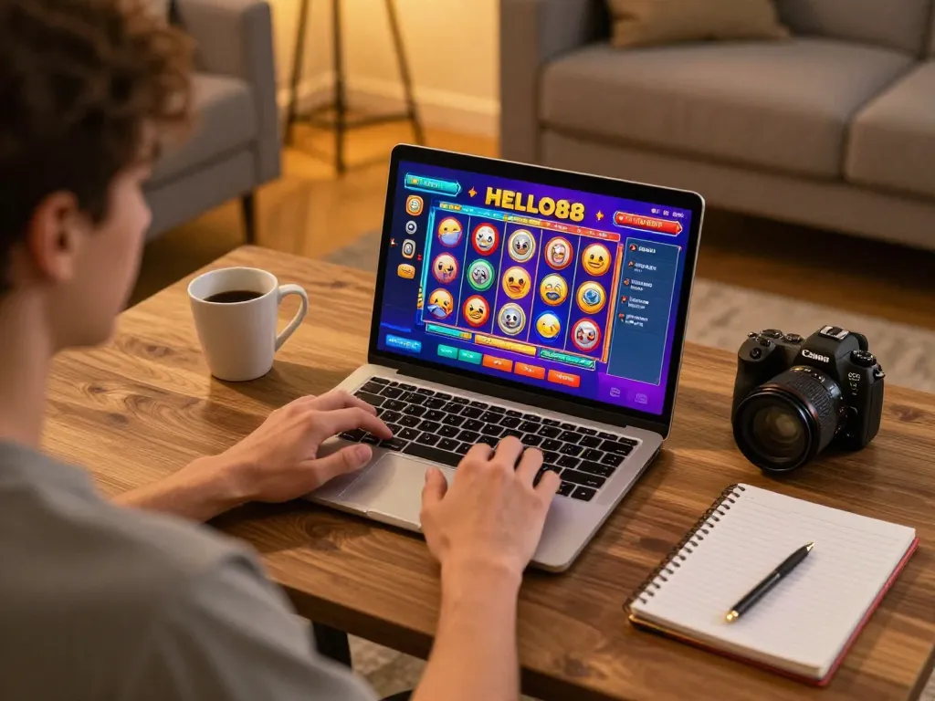 Engaging with HELLO88 online casino gameplay at home with strategic focus and warm ambiance.