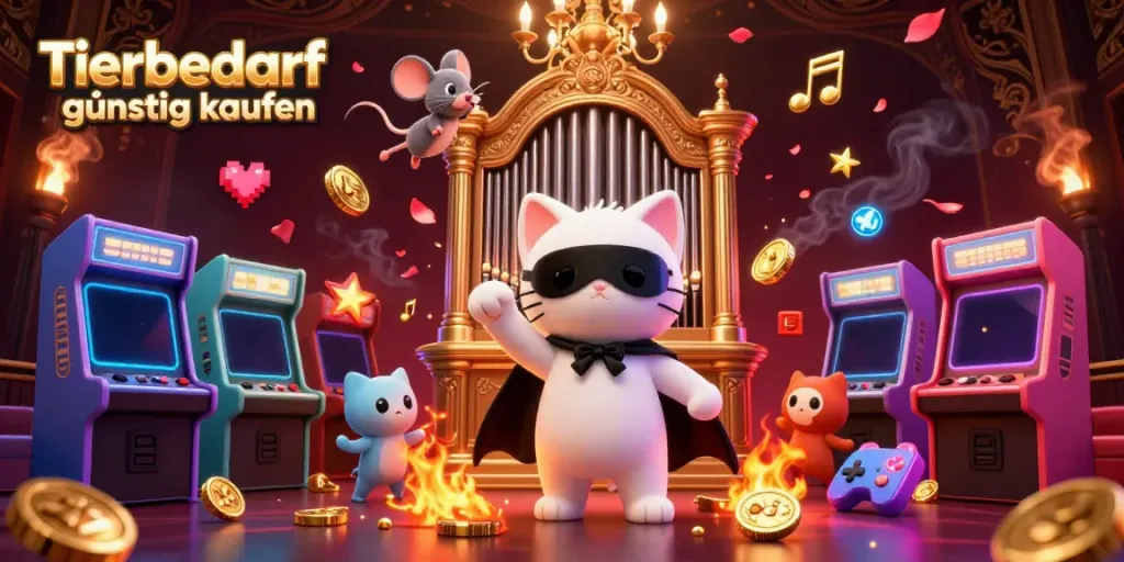 Tierbedarf günstig kaufen: Fantastische Casinowelt mit einer weißen Phantomkatze an einer Orgel und einer akrobatischen Maus