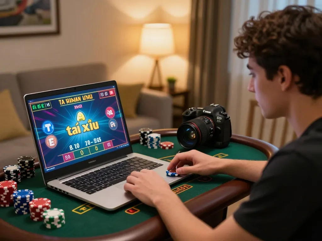 Engaging user playing game tài xỉu on a laptop in a cozy home setting, showcasing online gambling.