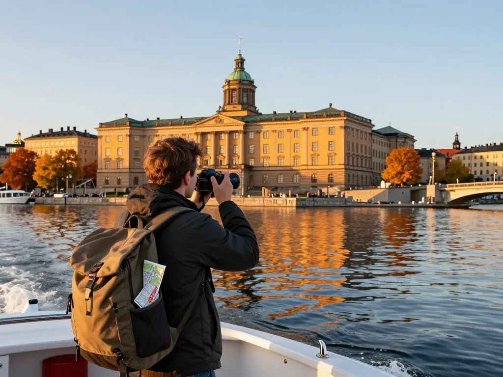 Reisetipps Stockholm: Ein Reisender genießt eine malerische Bootstour und fängt die lebendige Schönheit der Stadt ein.