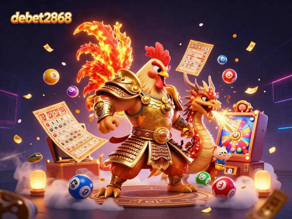 Experience vibrant gaming excitement at debet2868 with a dynamic scene featuring a rooster warrior, dragon hatchling, and cheerful fortune cat.