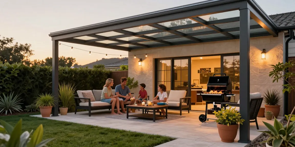 Terrassenüberdachung in modernem Garten mit Familie und gemütlicher Atmosphäre.