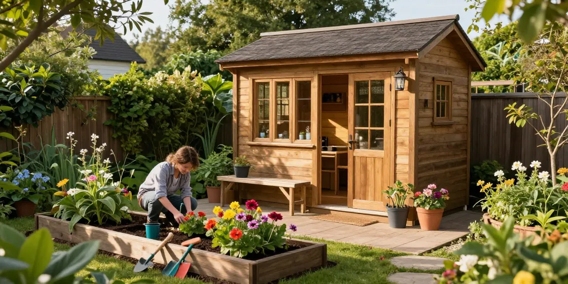 Gartenhäuser aus Holz im Garten mit blühenden Pflanzen und Gartenwerkzeugen.
