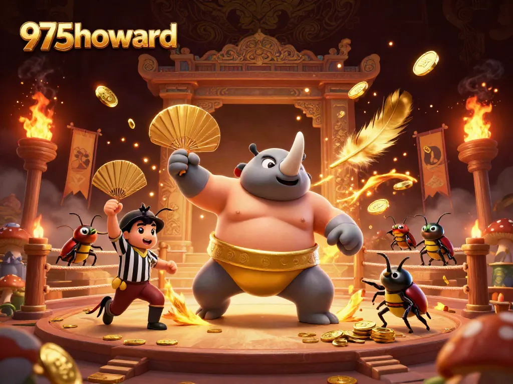 Experience the thrilling action of 975howard with a 3D beetle sumo champion winning amidst flying coins.