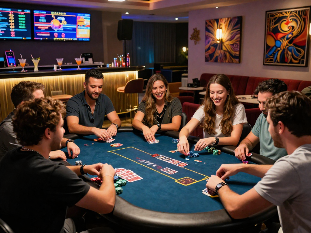 Group of friends at https://vin88-casino.games/ enjoying a lively poker game in a modern lounge.