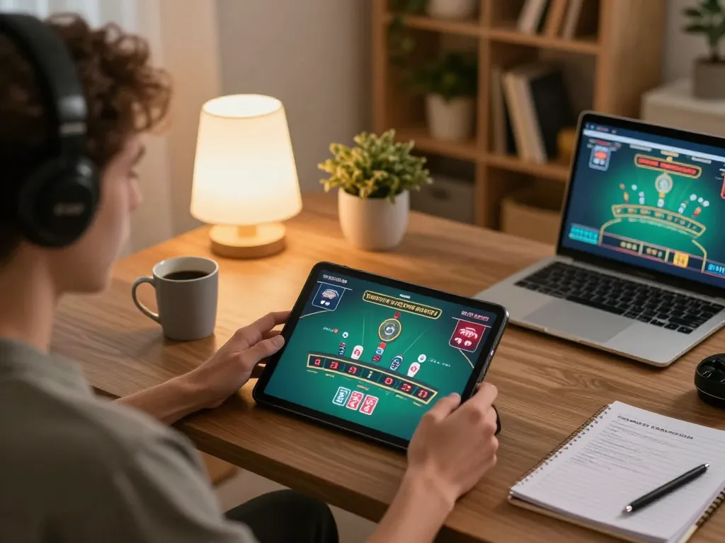 Engaged user playing blackjack online at https://tr88.bio/ with strategy notes and cozy lighting