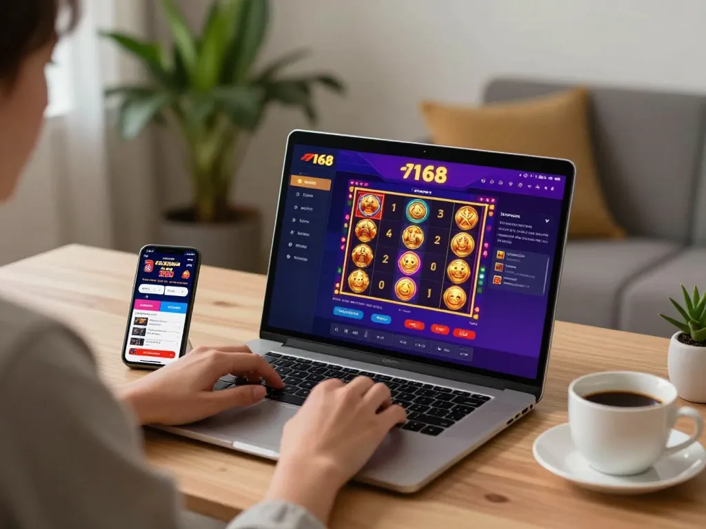 Engaging online gaming experience with f168 casino app on laptop and smartphone, relaxed home setting.