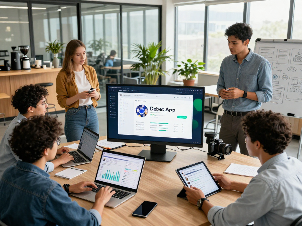Team collaborating on the debet app project in a modern fintech office, showcasing innovation.