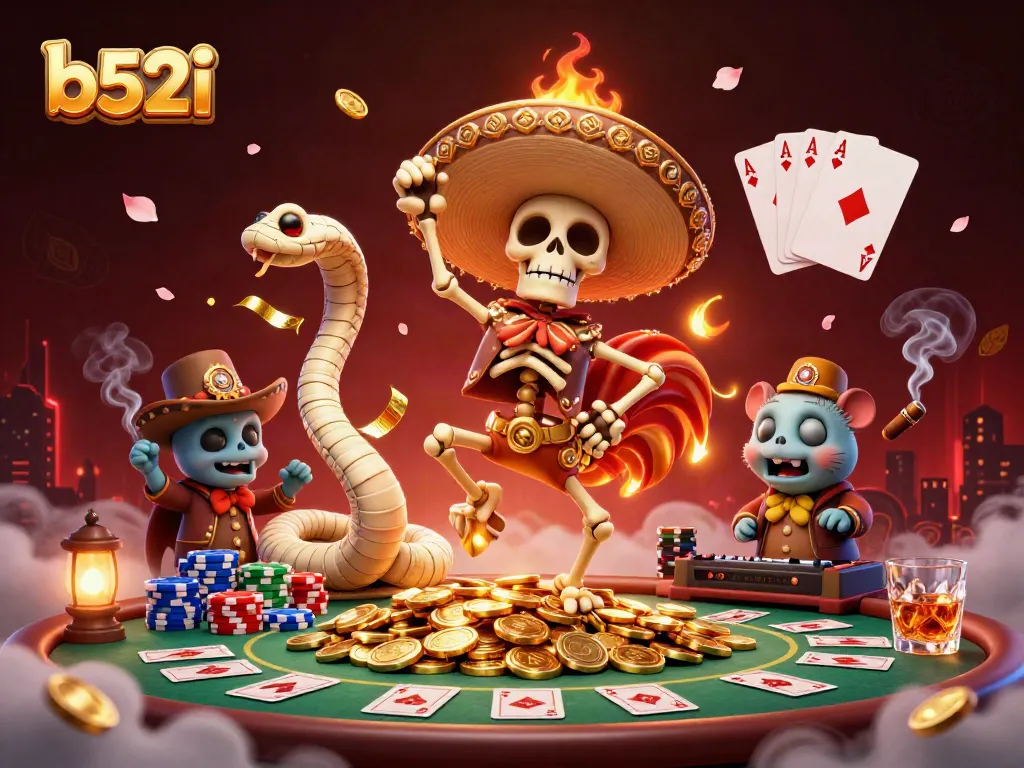 Engage with b52i in a vibrant casino scene featuring a victory-dancing skeleton and dynamic characters.