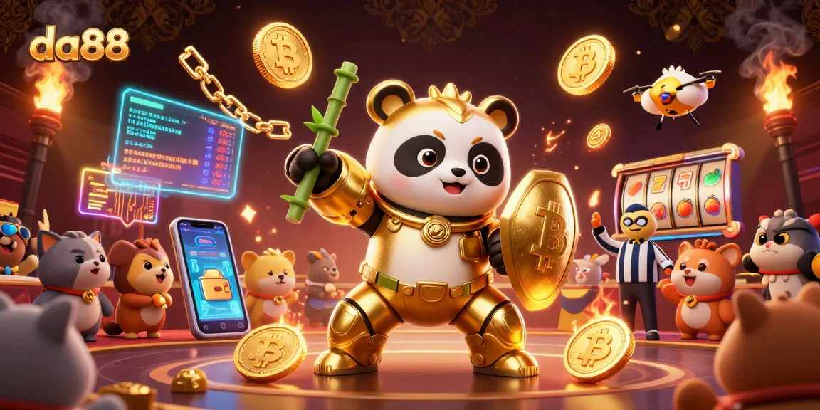 da88 slot machine battle scene featuring a golden panda in a mech-suit surrounded by crypto elements