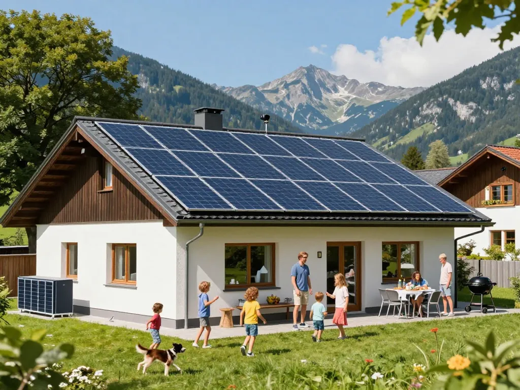 Photovoltaik Bayern Installation von Solarpanelen an einem modernen bayerischen Zuhause mit einer Familie, die das grüne Leben genießt.