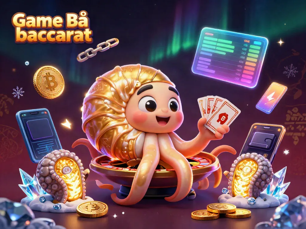 Engage in Game Bài Baccarat with an ultra-detailed 3D illustration showcasing a nautilus roulette wheel and glowing cards.