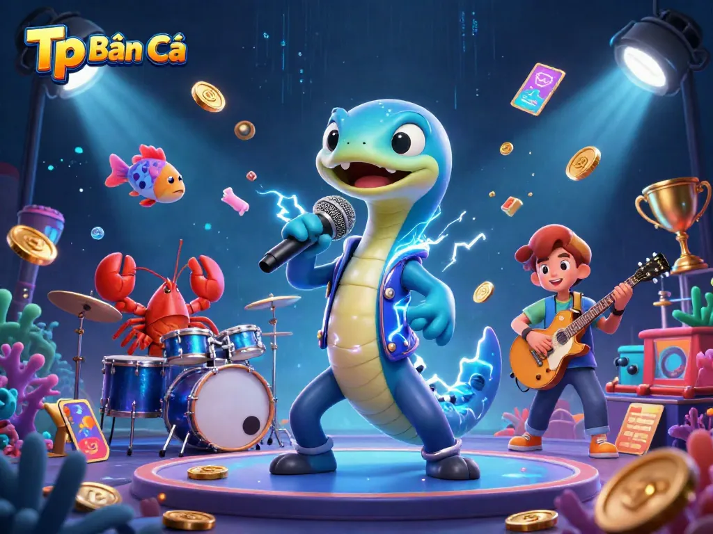 Engage in Tp Bắn Cá with vibrant underwater scenes featuring an electric eel DJ and fish shooting excitement.