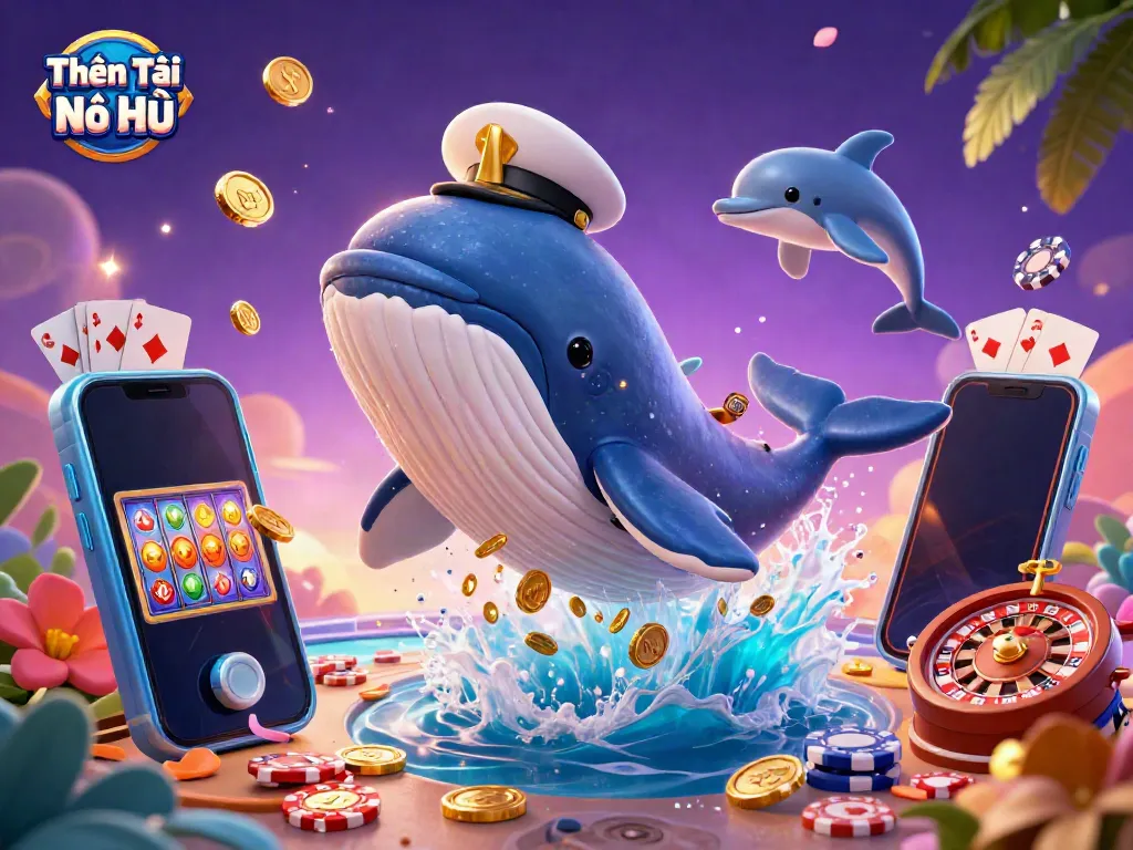 Experience the excitement of Thần Tài Nổ Hũ with playful dolphins and a majestic whale surrounded by golden casino elements.