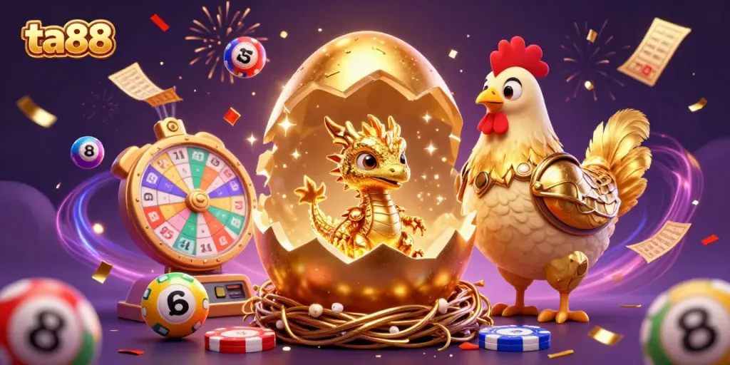 Experience the thrill of ta88 with a baby dragon, golden poker chips, and exciting lottery elements.