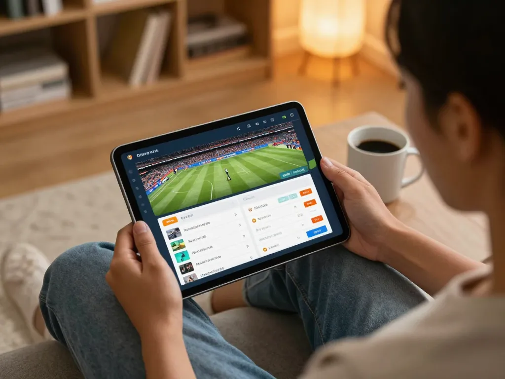 Pengguna SBOBET88 menikmati pengalaman taruhan olahraga online di tablet di ruang tamu yang nyaman.